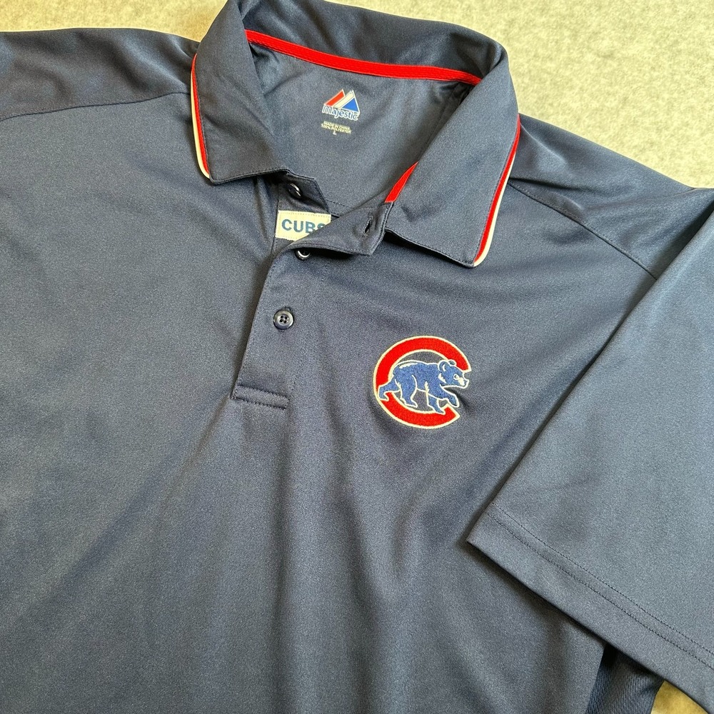 Majestic Chicago Cubs Polo Mens Large Navy Blue MLB Baseball Performance Shirt